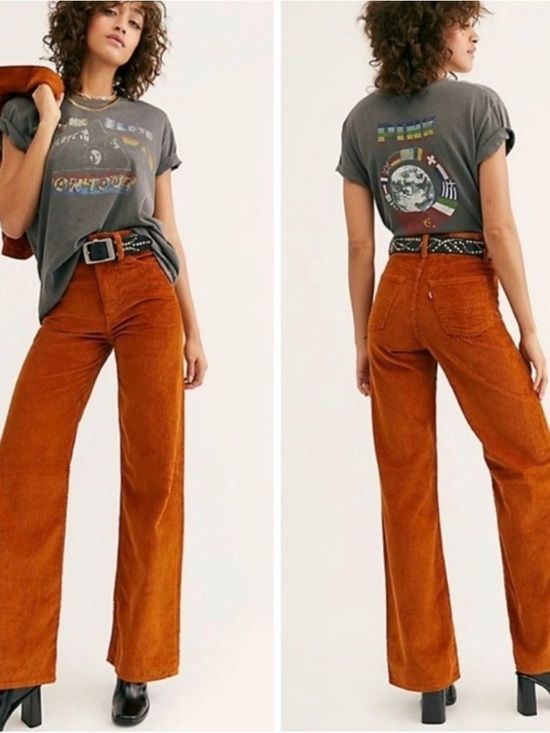 Levi's Denim - Levi's Premium Ribcage Flare Corduroy Pants Burnt Orange Rust High Rise Size 24